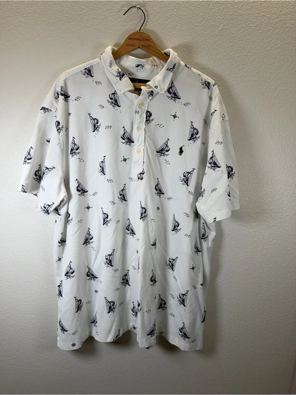 Ralph Lauren White Polo with Navy Sailboat Print